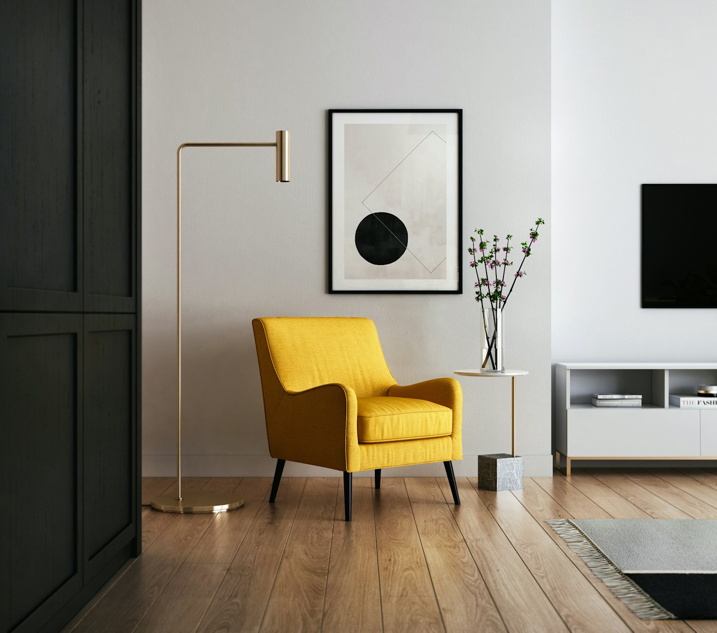 Assembled armchair and TV unit in a living room